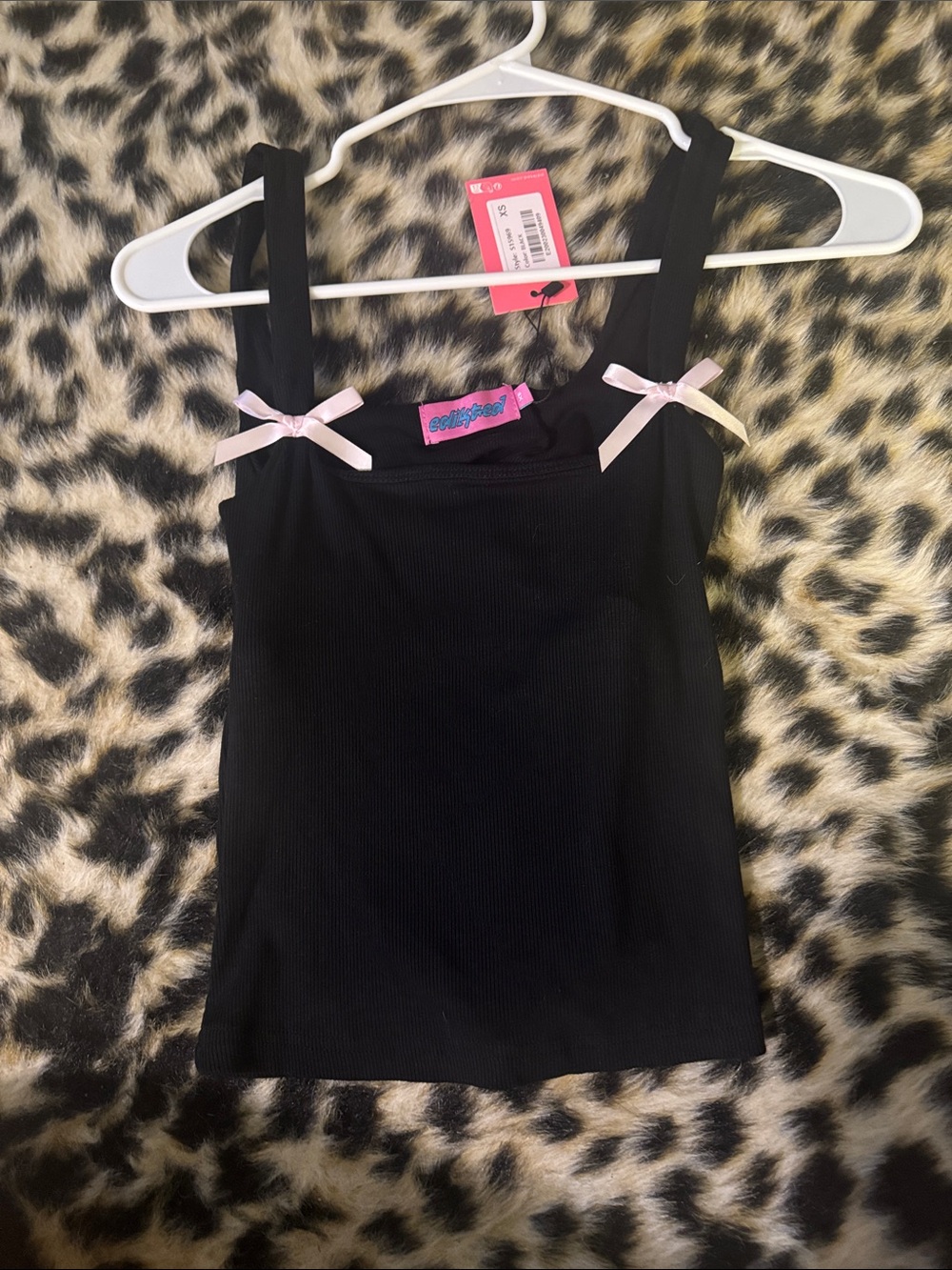 Edikted Black Ribbed Tank Top with Pink Bow Straps